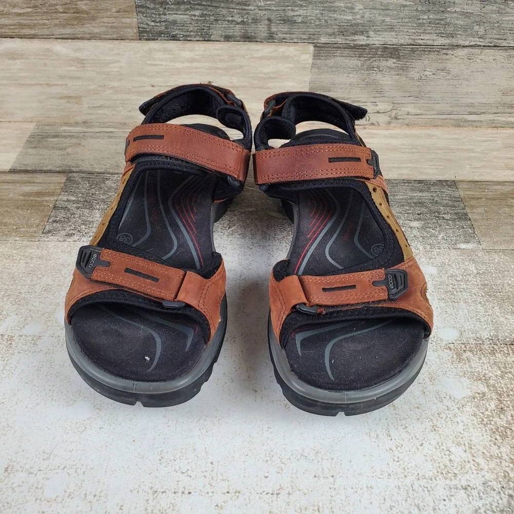 ECCO Offroad Sandals Sz 7 - 7.5 Brown Black Nubuck Leather Hook-and-Loop